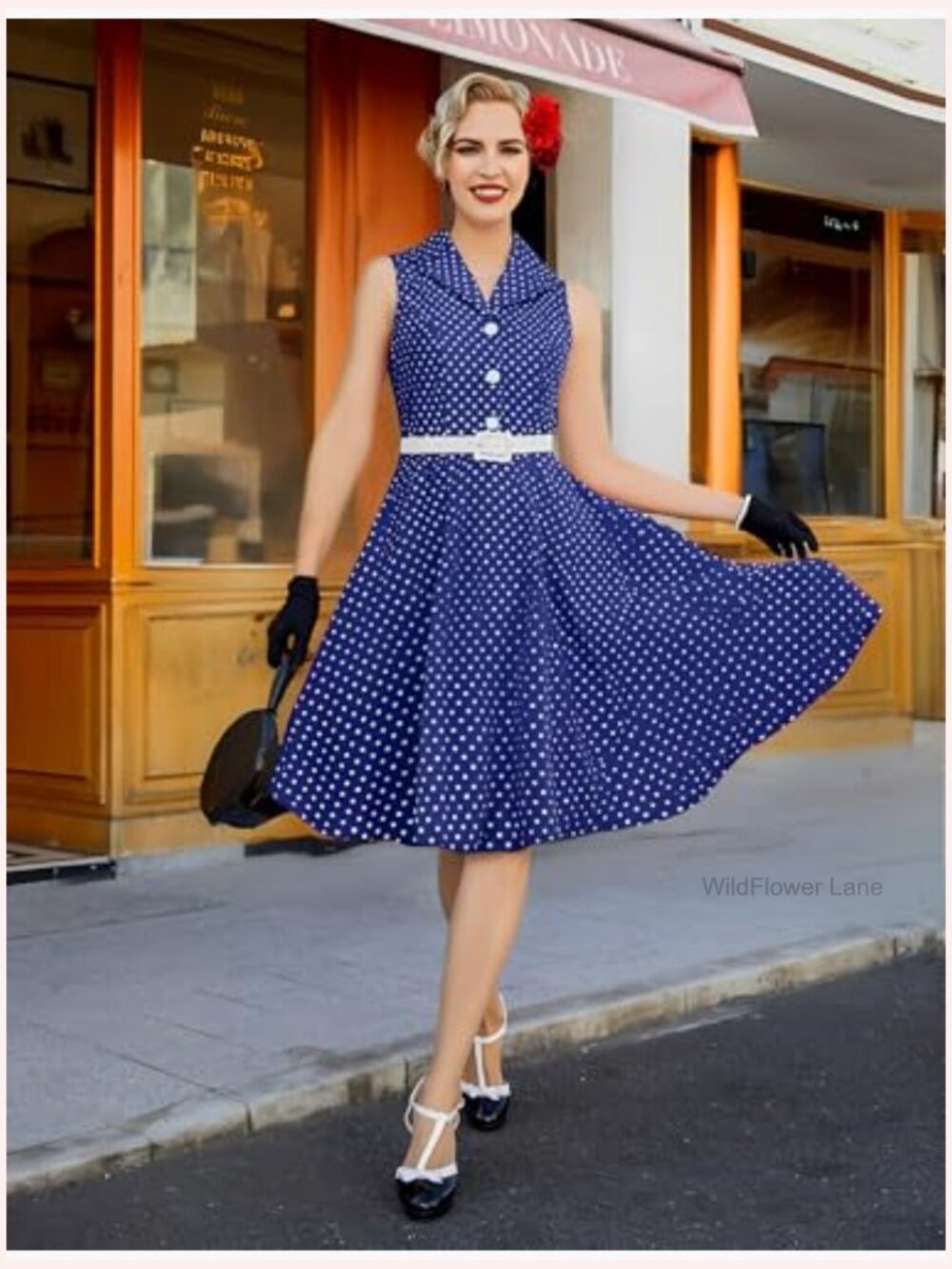 1950s Retro Polka Dot Swing Midi Dress Sleeveless Notched Lapel Belt - Picture 6 of 6